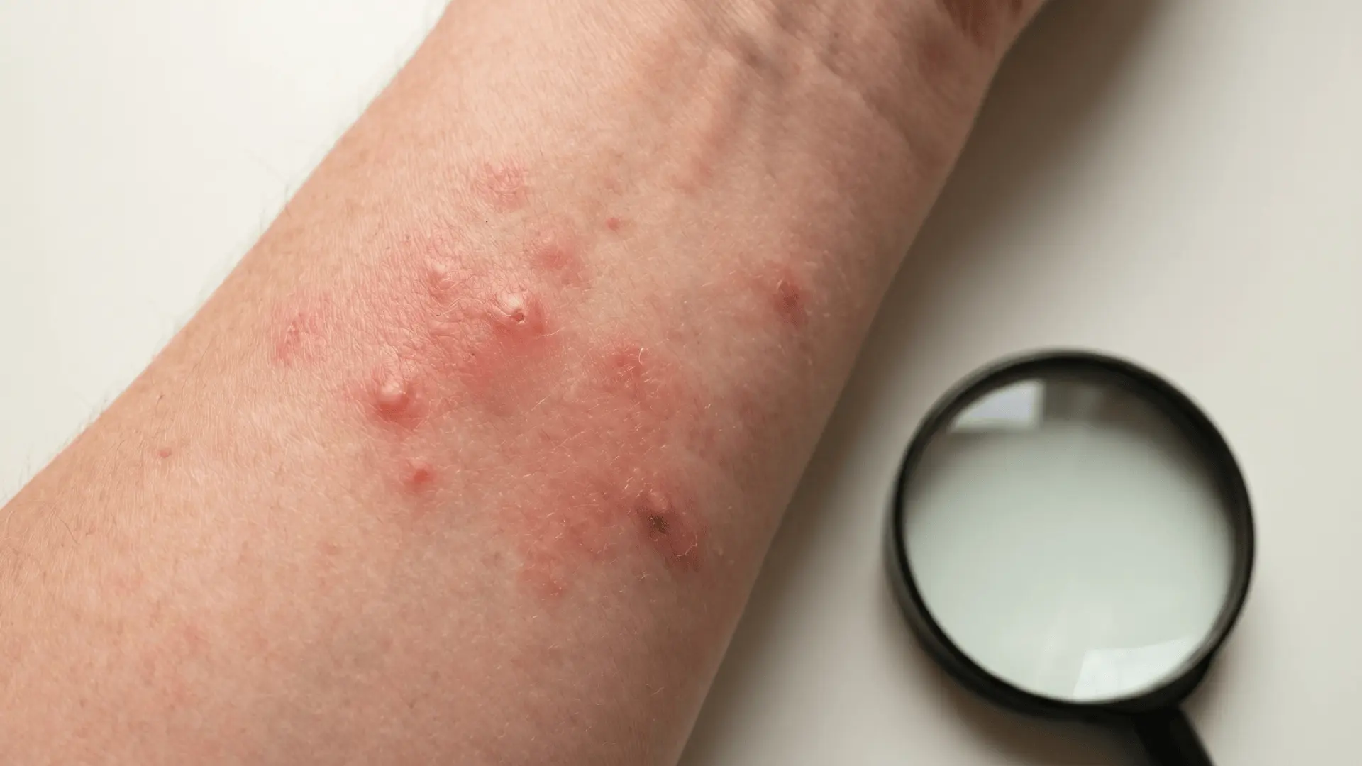 Red, itchy bumps on skin from carpet beetle larvae bristles, visible on a forearm.