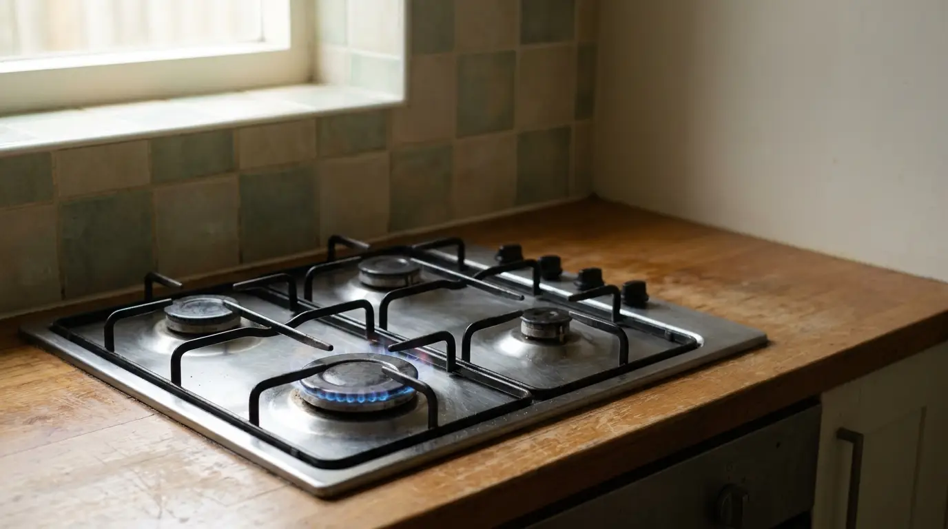 Gas stove with four burners on wooden countertop in kitchen with tiled backsplash