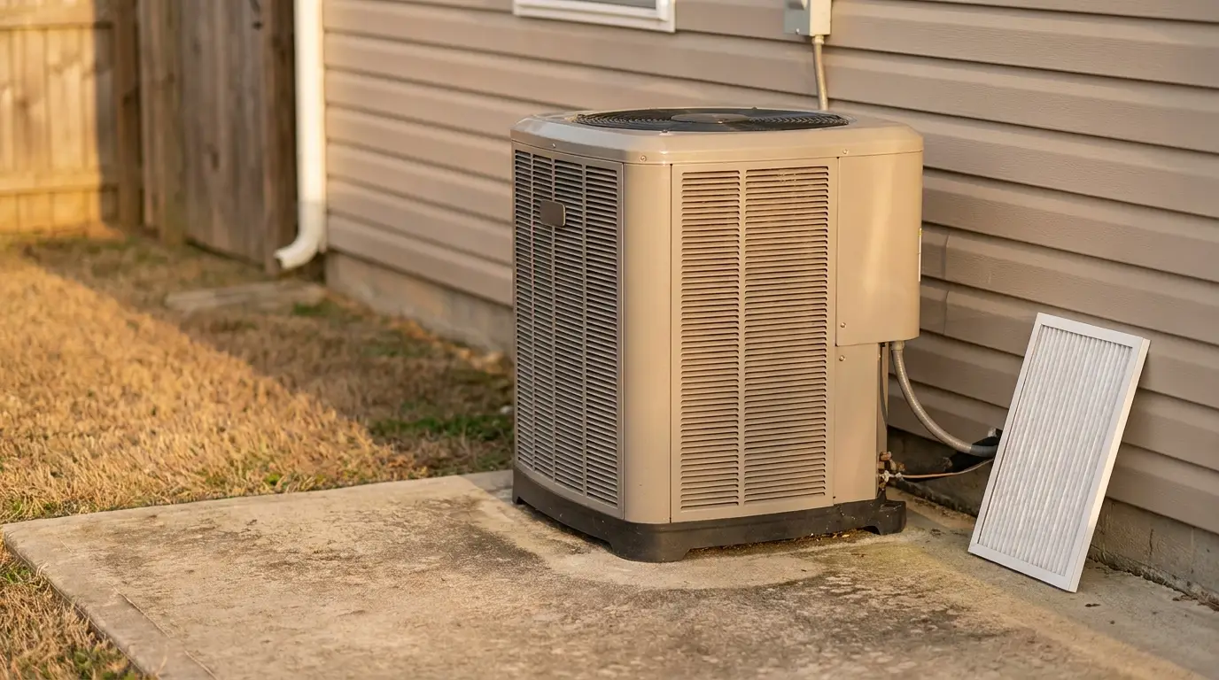 Outdoor air conditioning unit on concrete pad beside house with filter leaning against wall
