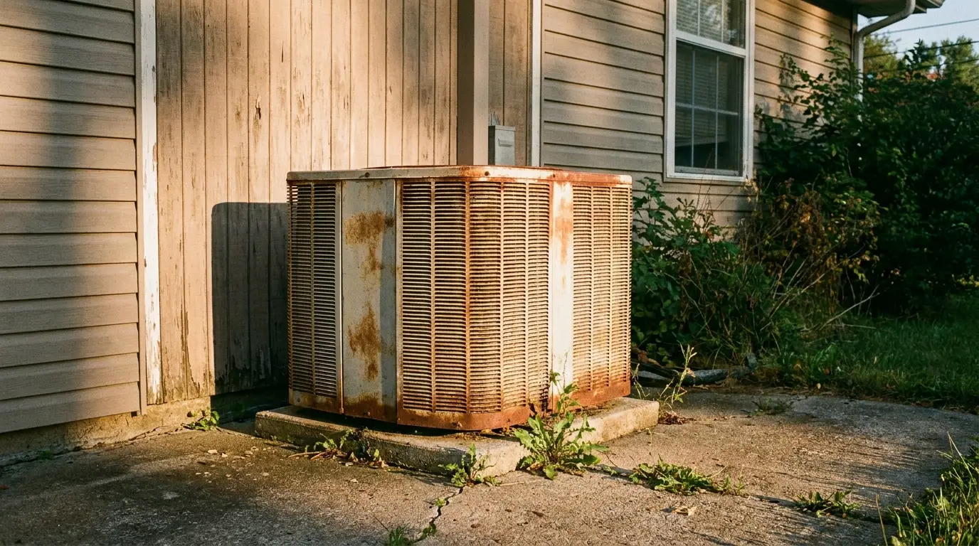 Rusty outdoor air conditioning unit on concrete slab beside wooden house under evening sunlight
