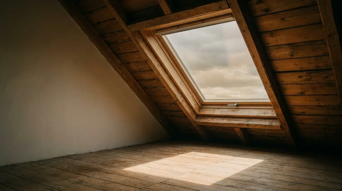 Wooden attic interior with large skylight window and natural light streaming in