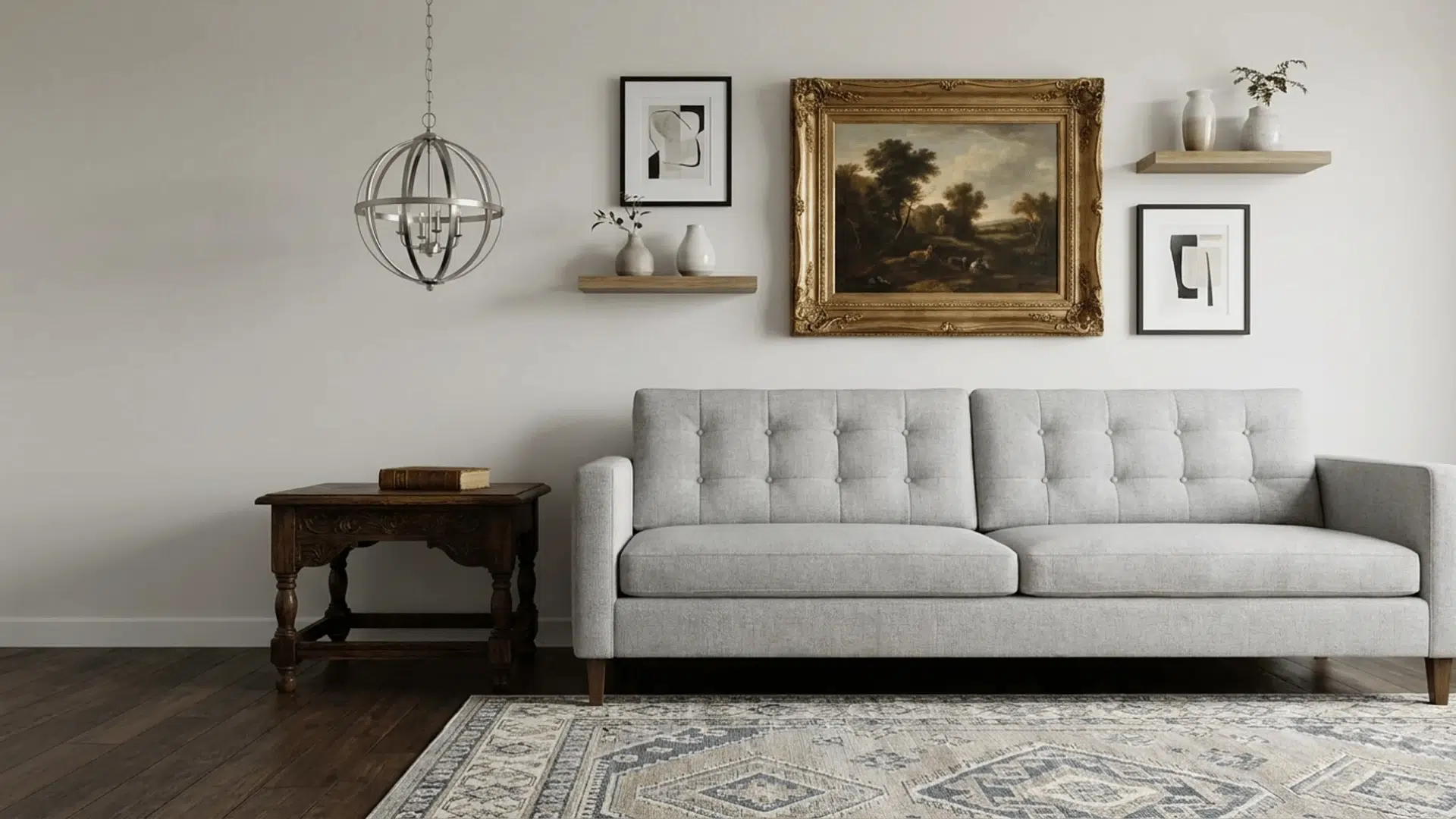Room with antique table, modern light, sofa, rug, and wall with mixed classic and modern decor