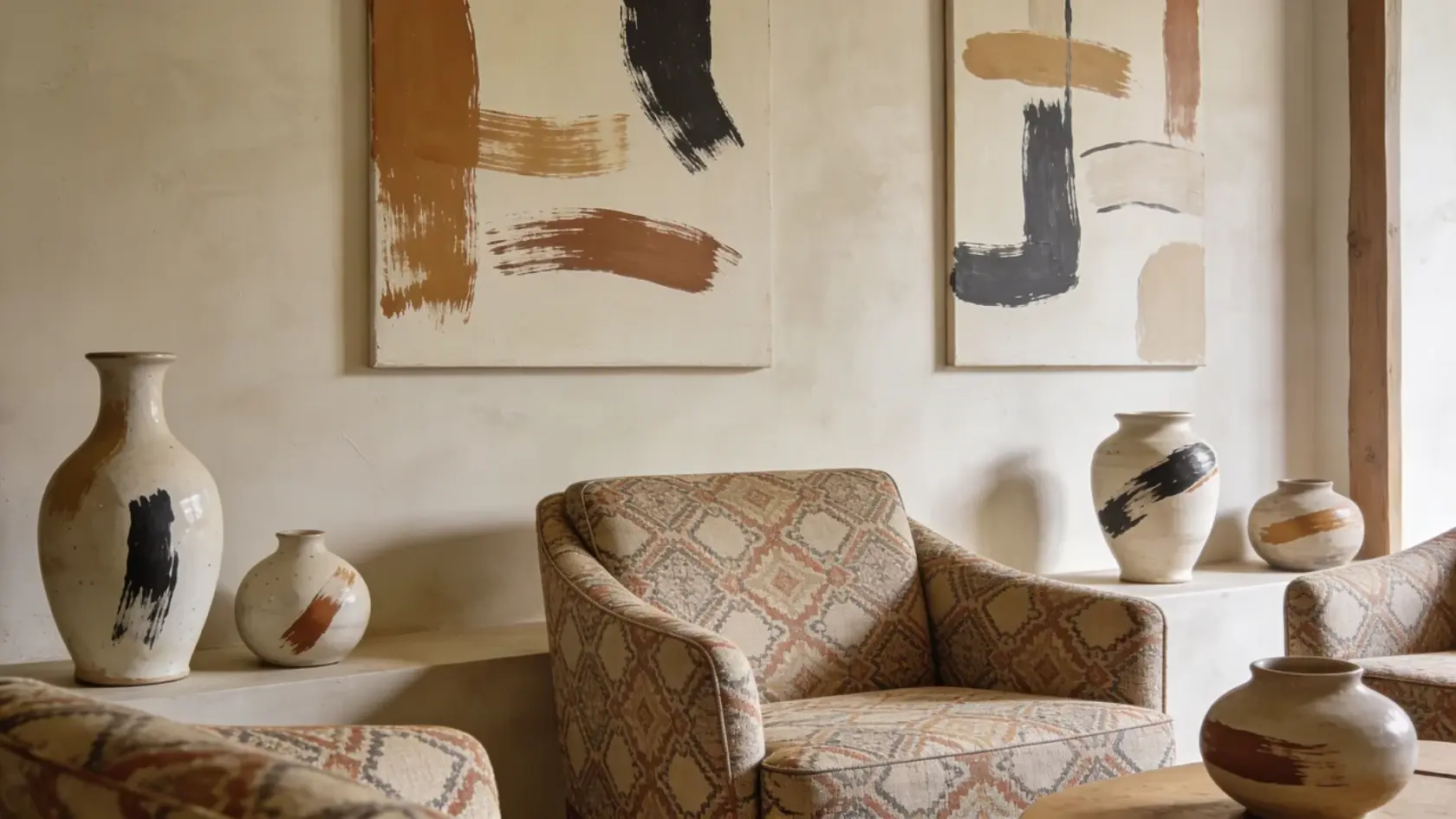 Room with hand-painted wall patterns, patterned fabric, and ceramics showing visible brushstrokes