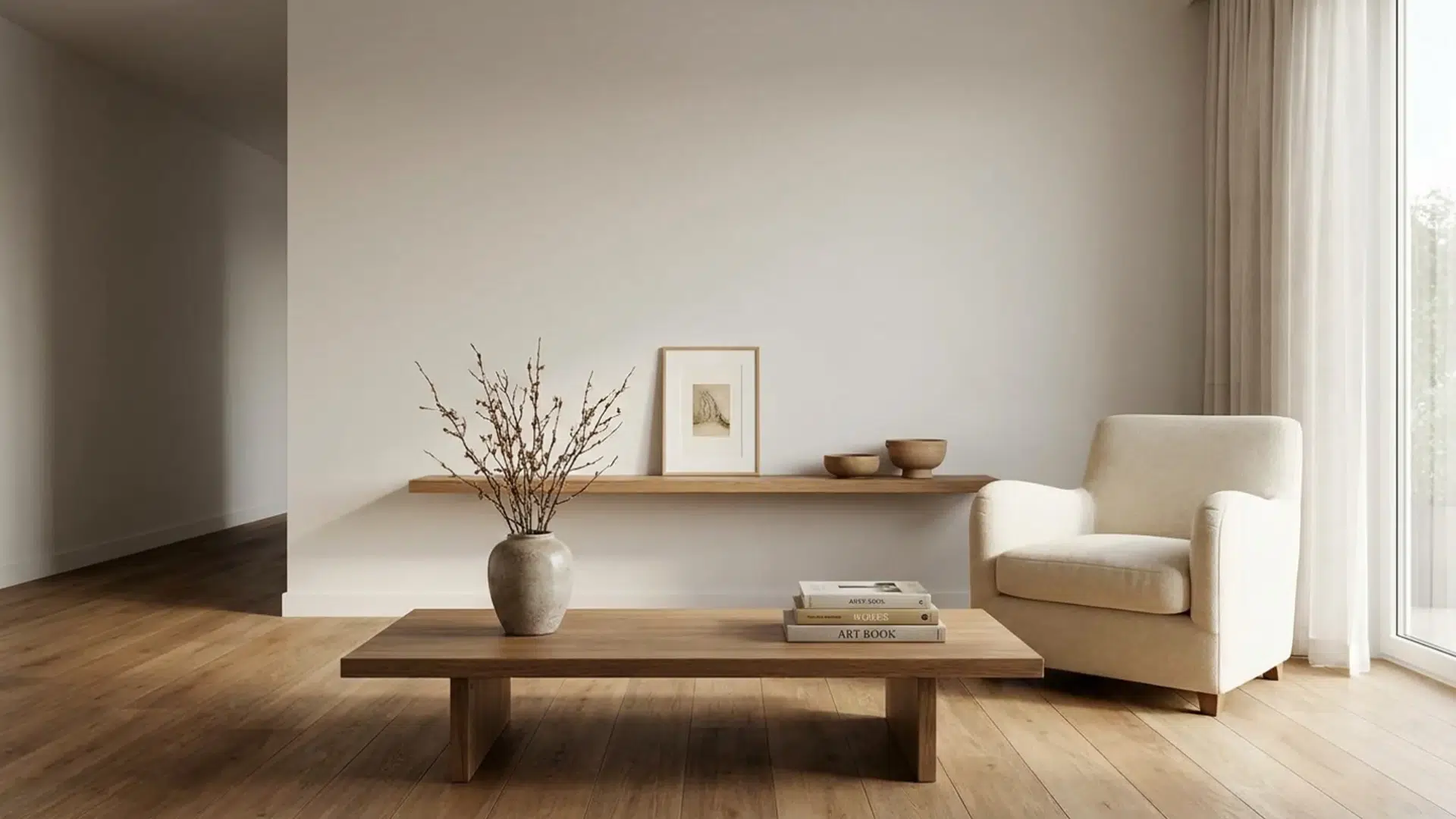 Room with minimal accessories placed on table and shelves with open space around the