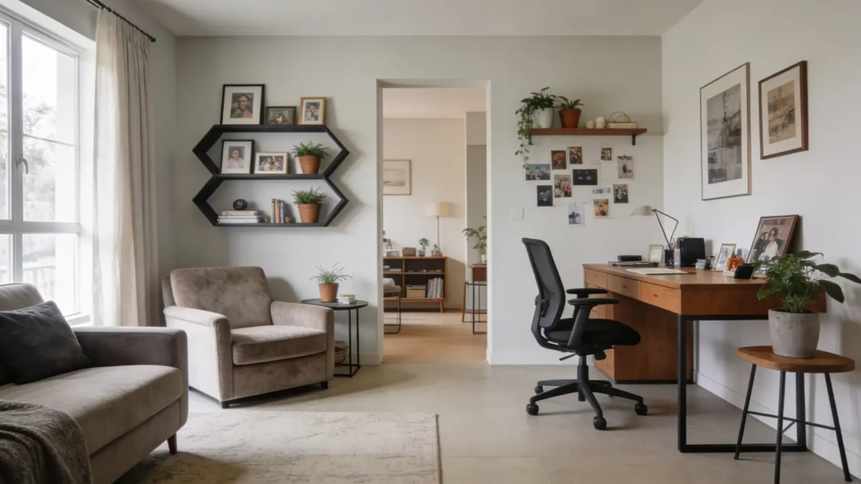 Room with mixed-use layout, varied furniture, and personalized objects arranged across different areas