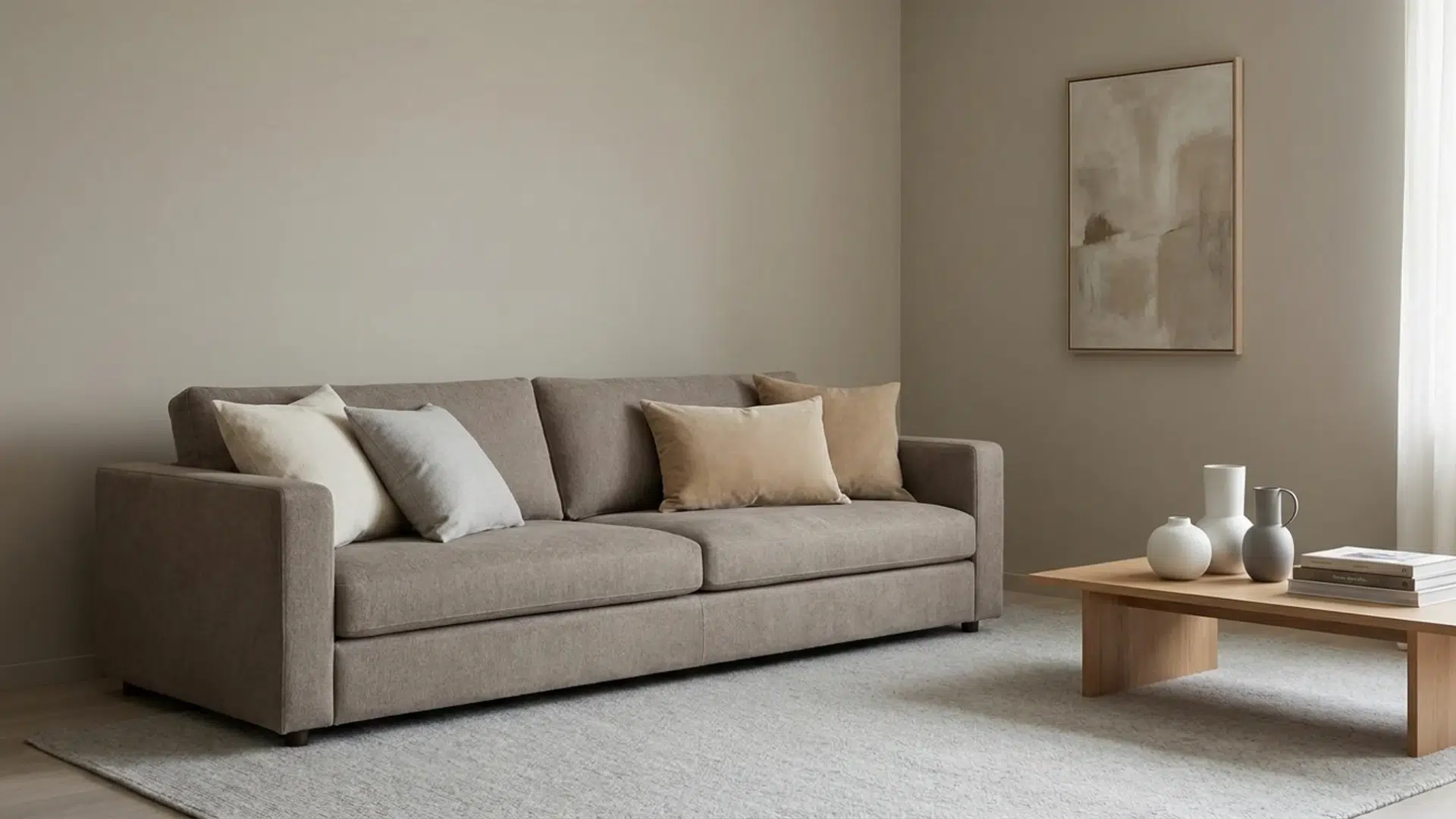 Room with neutral tones including white, gray, and taupe across walls and furniture
