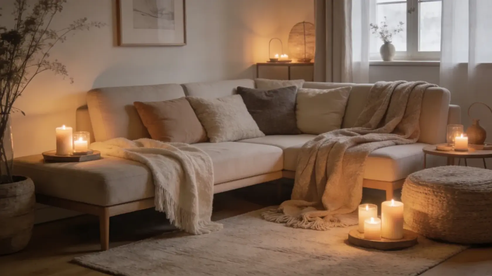 Room with soft seating, layered textiles, candles, and warm lighting creating a calm setting (1)