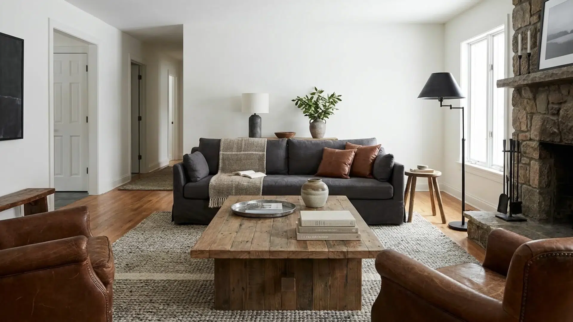 Room with wood, metal, linen, leather, and stone materials used across furniture and surfaces