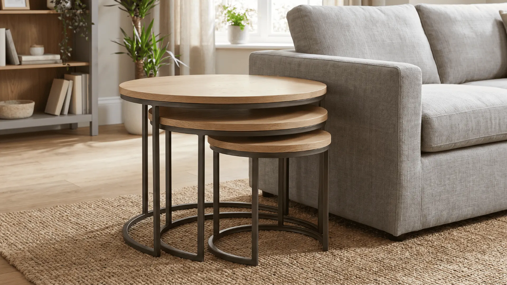 Round nesting tables with smaller circular tables tucked under a larger one beside a sofa