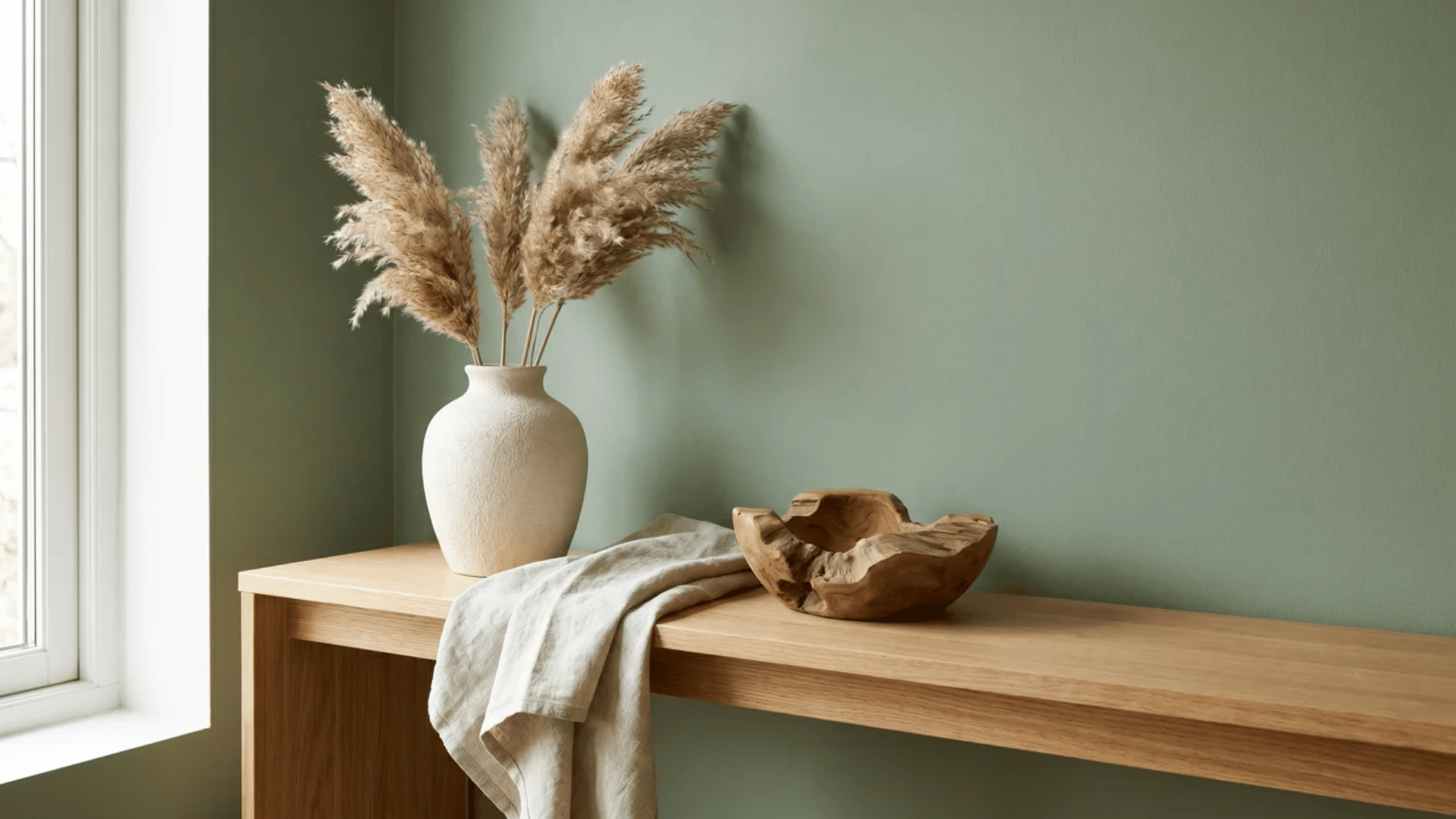 sage green wall with cream vase, linen fabric, and wood accent piece arranged on a surface nearby