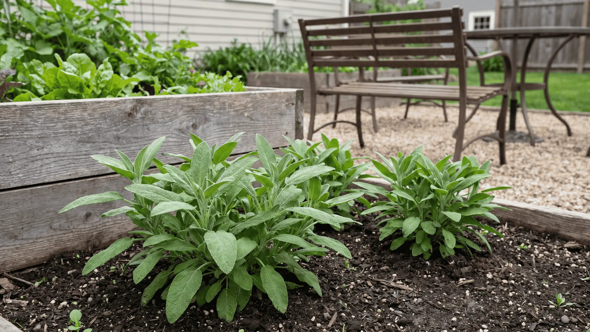 Sage plants with textured green leaves growing in soil near garden beds and outdoor seating