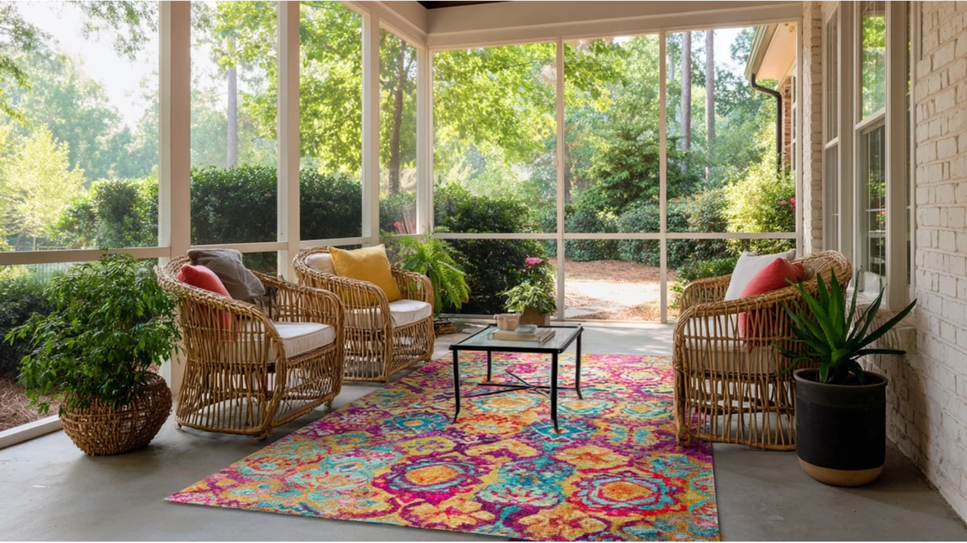 screened porch with a colorful patterned outdoor rug defining the seating area on a plain concrete floor with wicker furniture