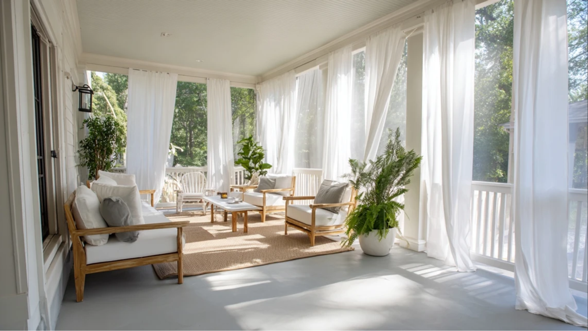 screened porch with freshly painted light gray concrete floor and white drop cloth curtains hanging along the screen panels