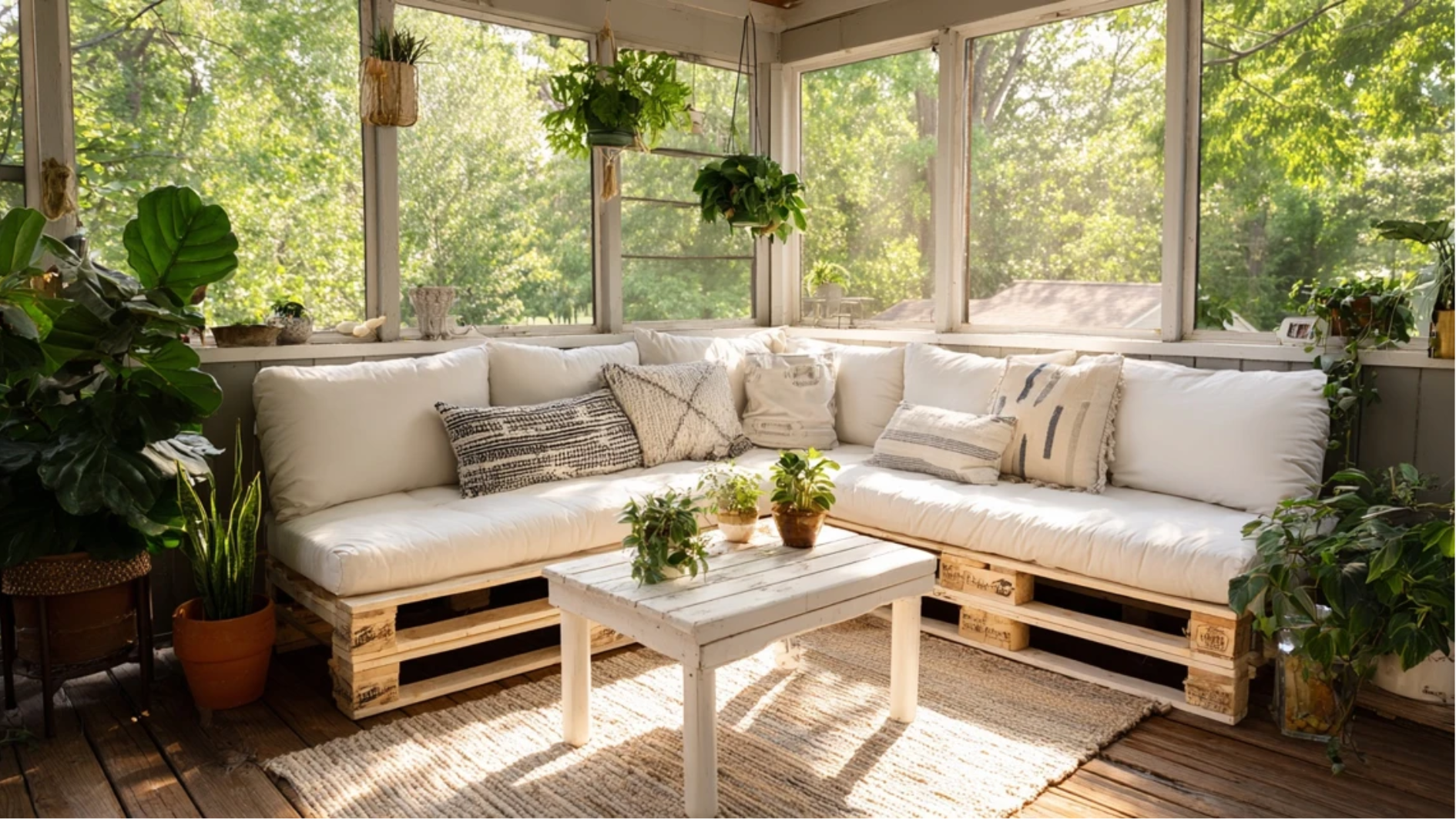 screened porch with repainted thrifted wooden furniture and DIY pallet seating with cushions showing budget-friendly seating options