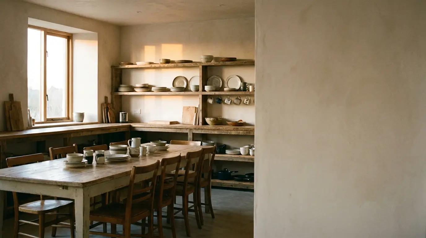 Rustic kitchen with wooden dining table and shelves filled with pottery under soft natural light