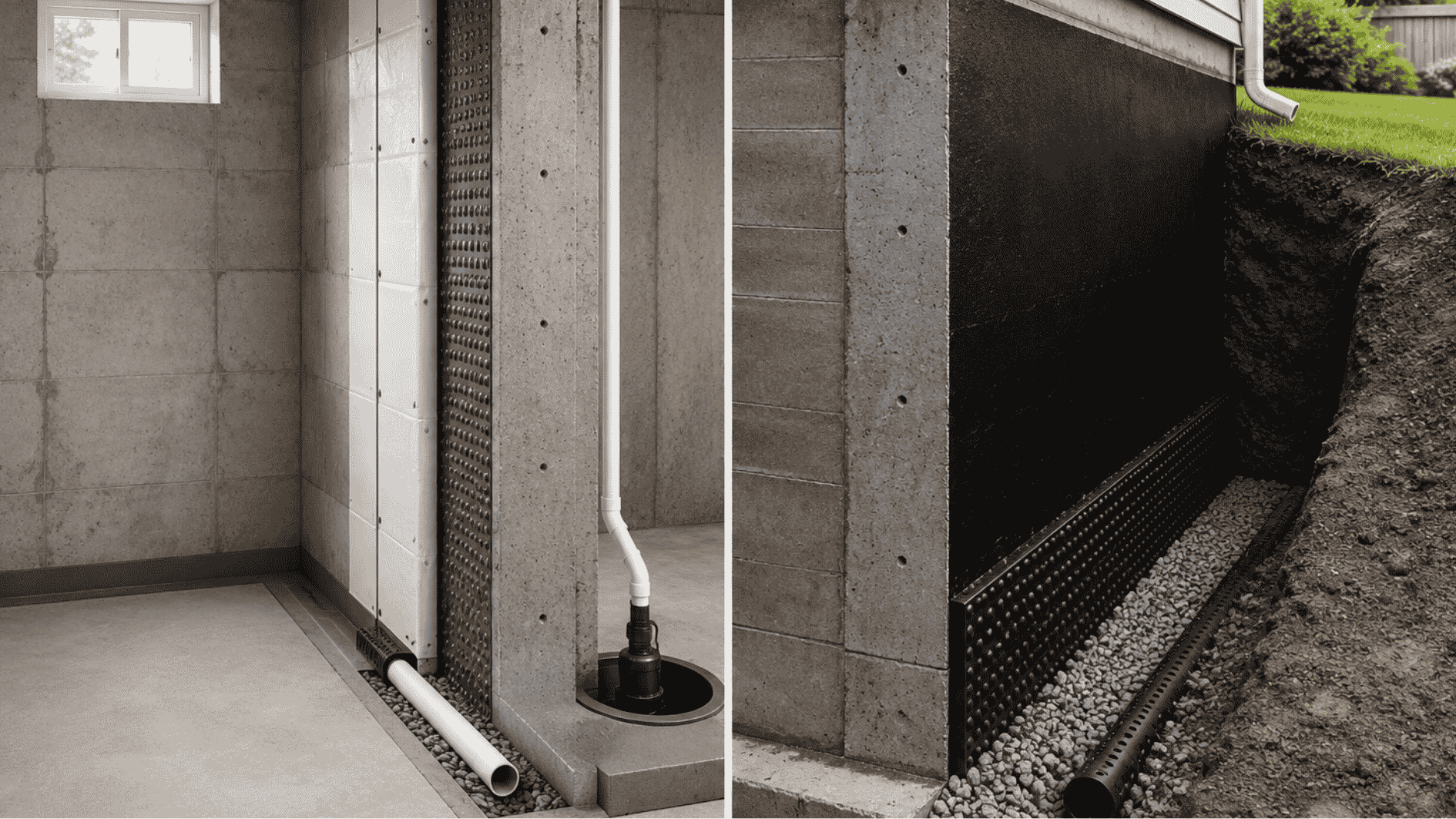side-by-side comparison of interior and exterior basement waterproofing methods showing concrete foundation walls, drainage systems, waterproof coatings, gravel drains, and moisture protection aro