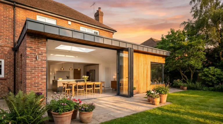 Modern home extension with open glass doors, wooden facade, and patio at sunset