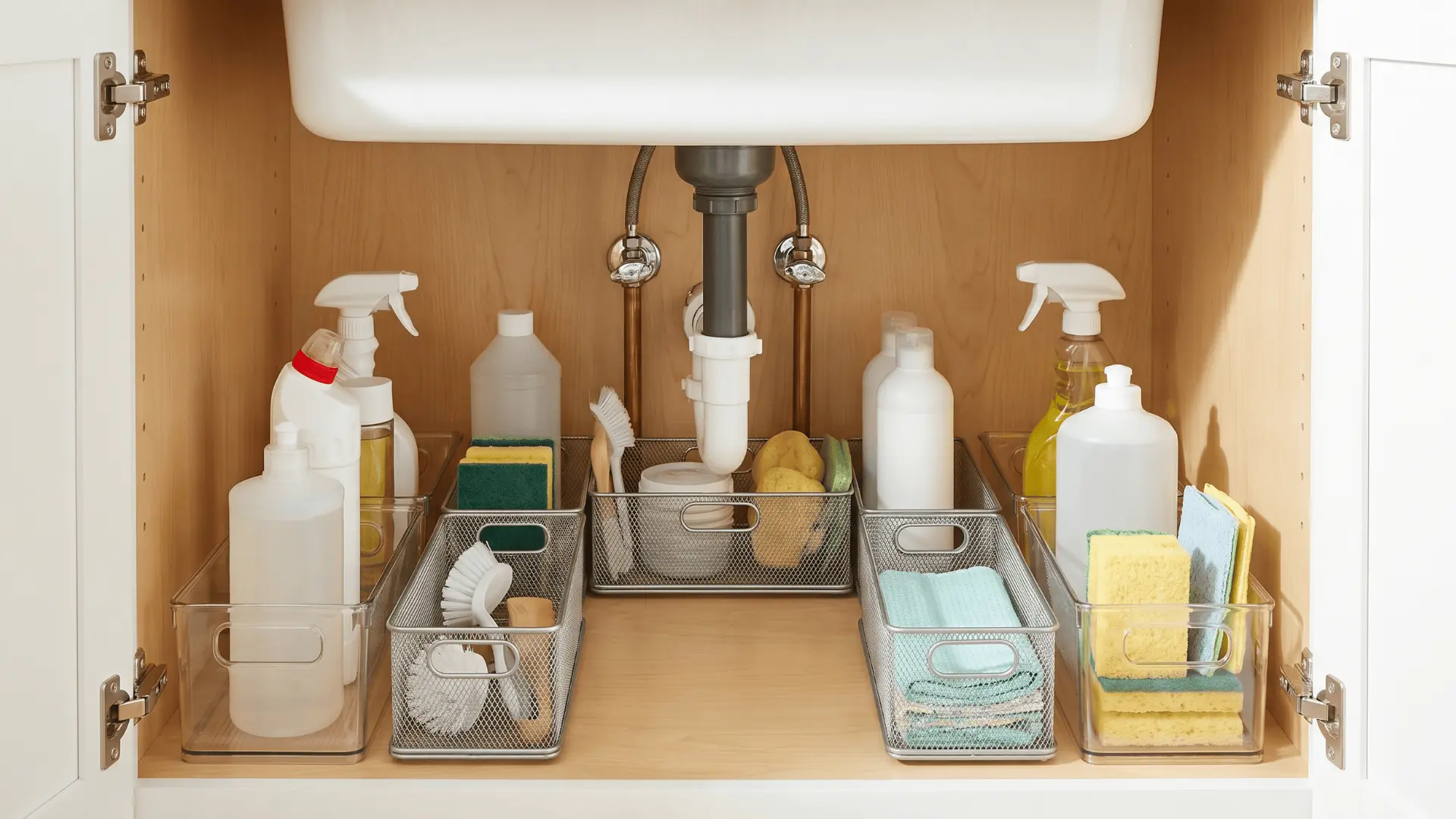 Sink cabinet with trays organizing items neatly