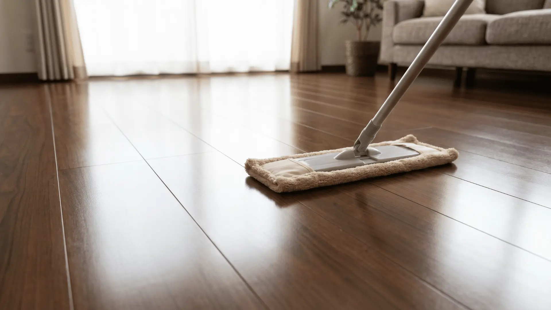 Slightly damp microfiber mop cleaning smooth sealed hardwood floor