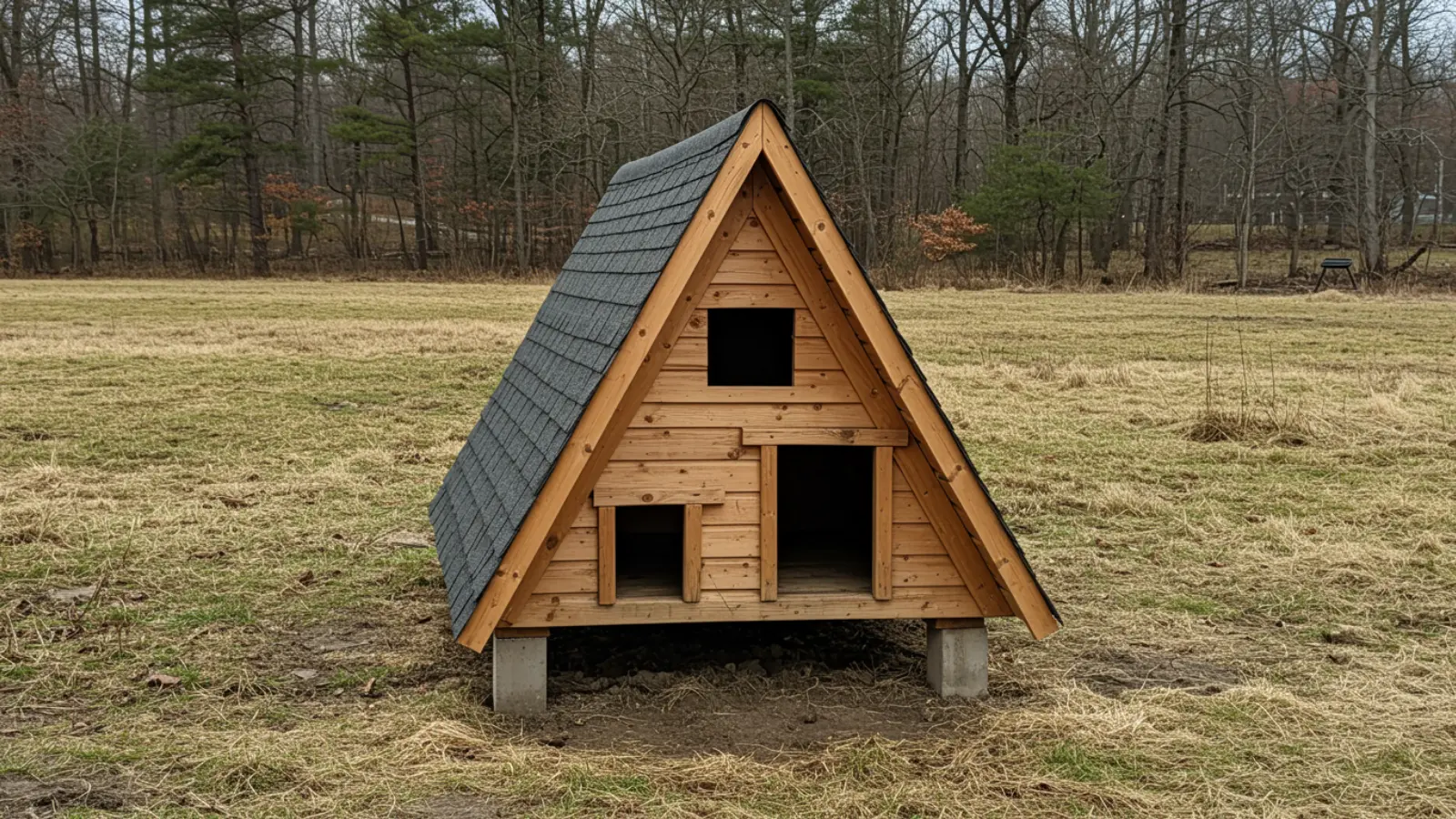 Small A-frame duck house with slanted sides placed on ground outdoors