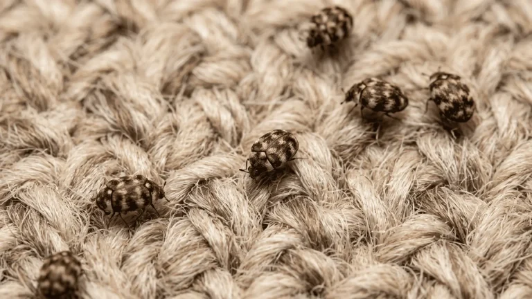 Small carpet beetles crawling on a wool rug in a home, illustrating common indoor infestation.