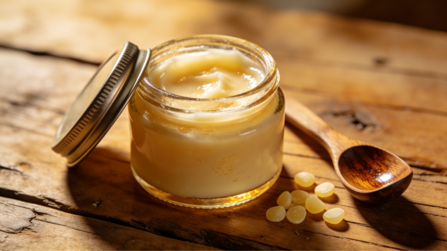 small jar of creamy wood polish beside wooden spoon on rustic table