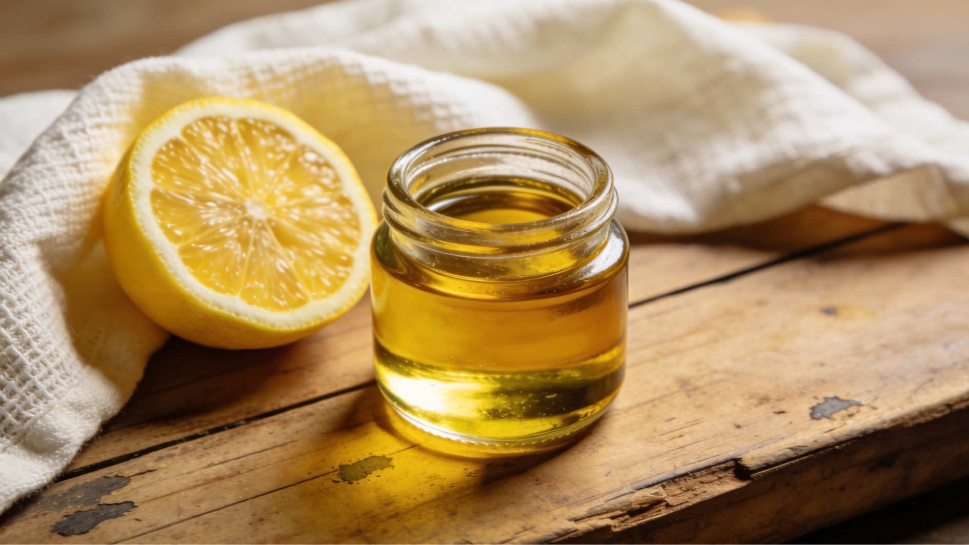 small jar of golden oil beside lemon and white cloth on wooden surface