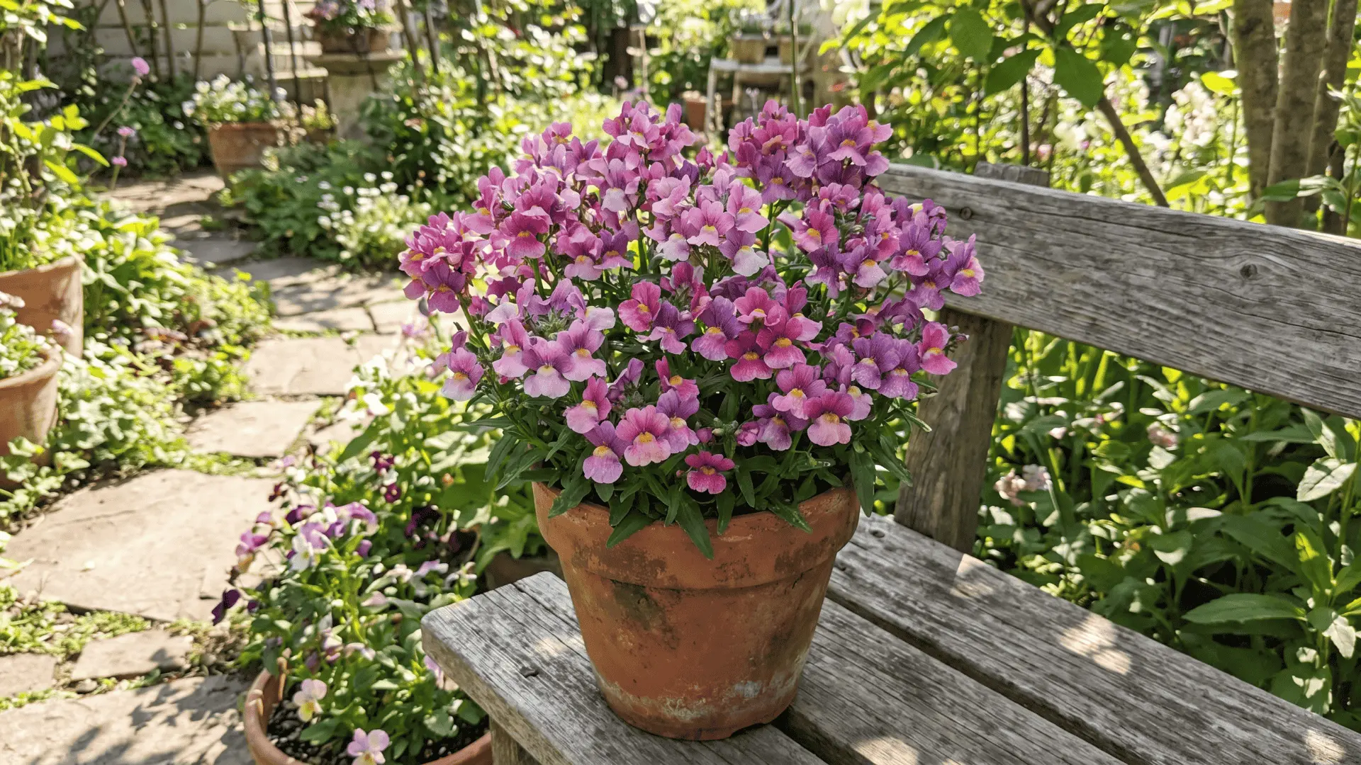 Small pink and purple nemesia flowers blooming in a compact garden pot (1)