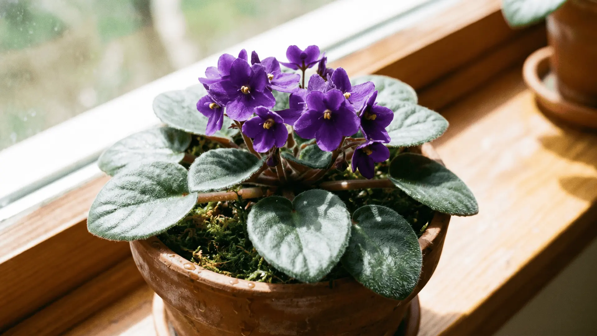 Small purple african violet flowers with soft fuzzy leaves in a pot