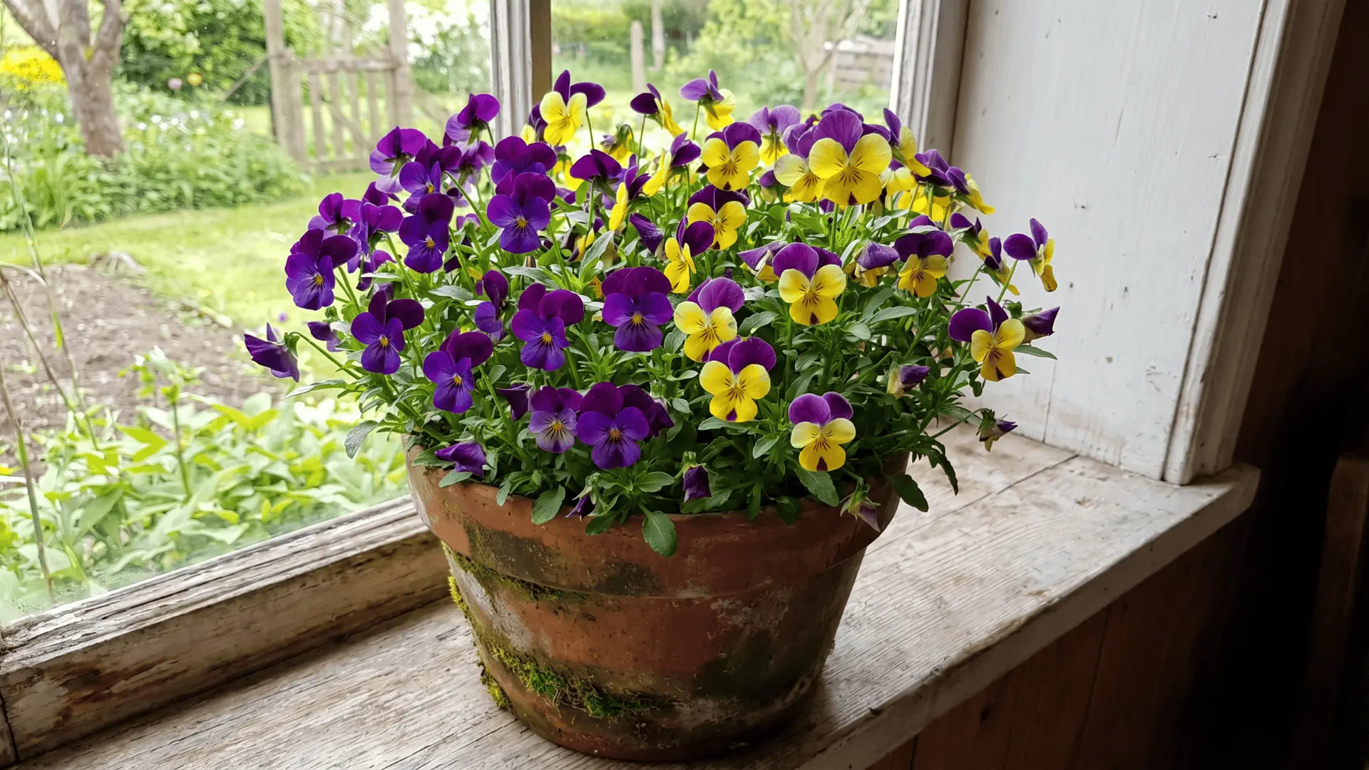 Small purple and yellow viola flowers growing in a compact pot