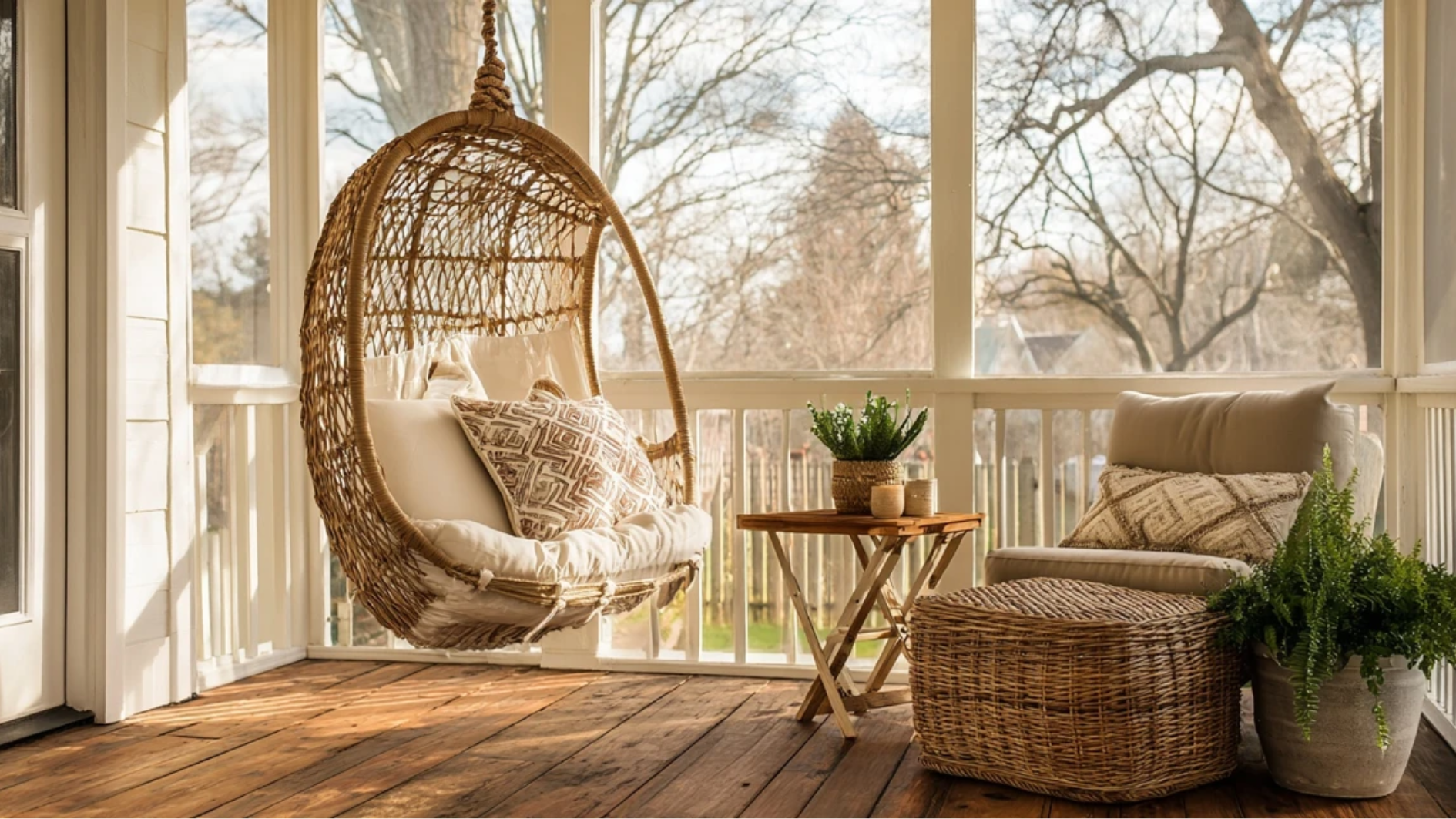 small screened porch with a compact bistro set in the corner a hanging hammock chair and a storage ottoman making smart use of limited space
