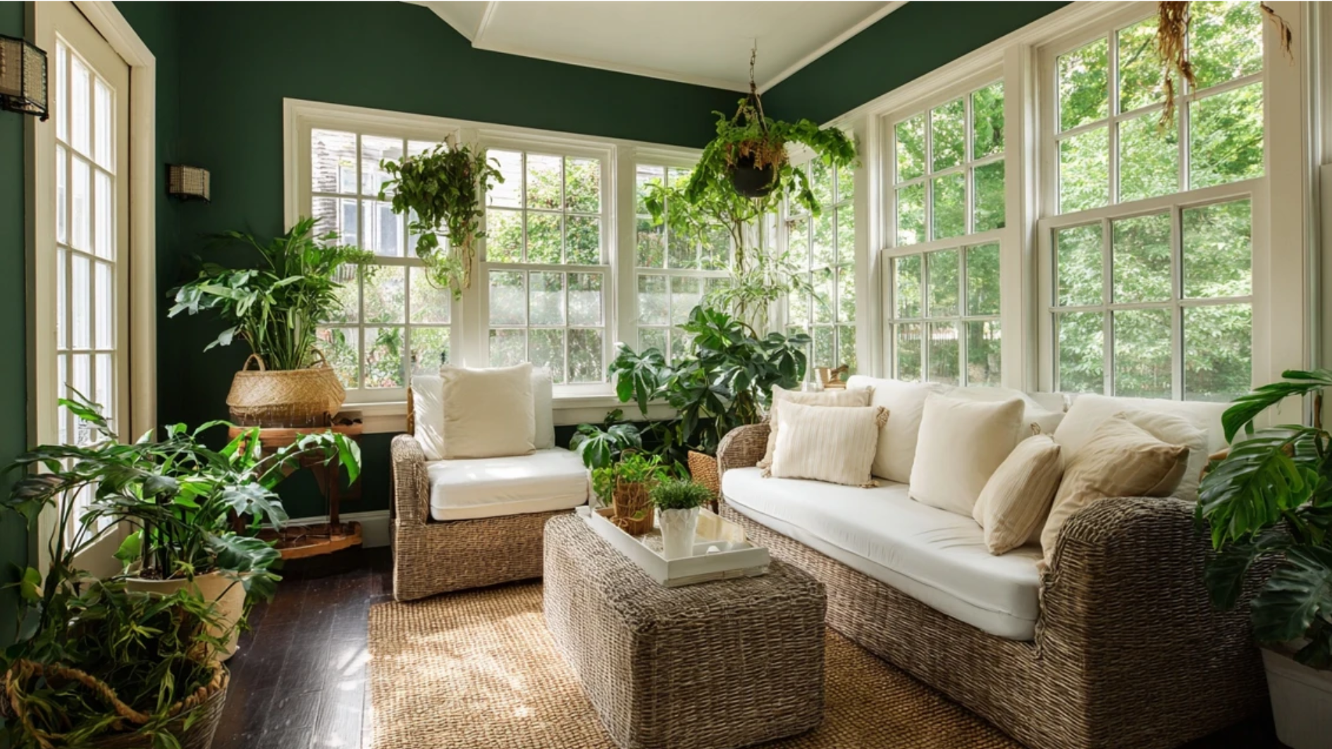 small screened porch with a deep forest green accent wall white trim neutral wicker furniture and hanging plants