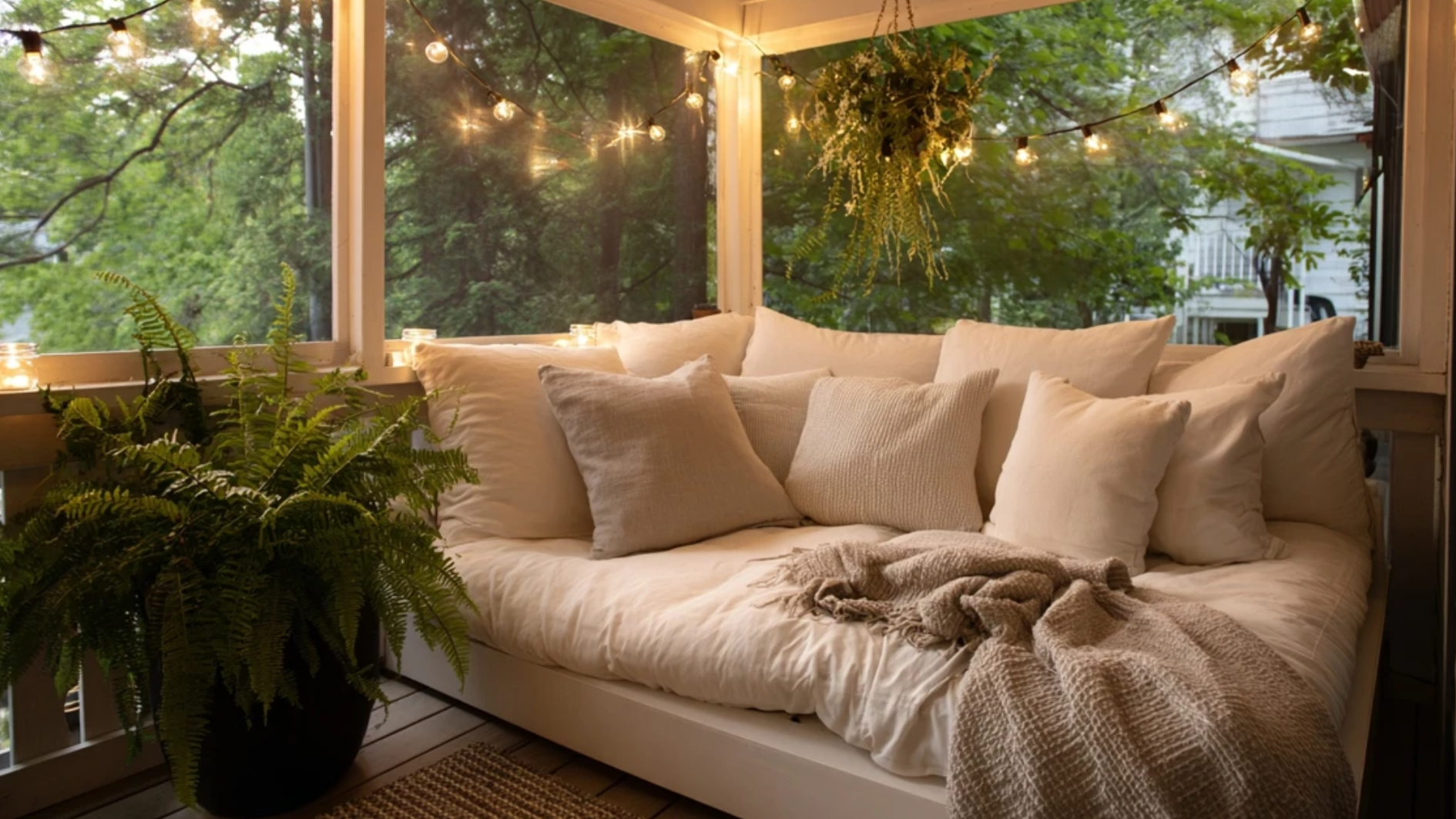 small screened porch with a white outdoor daybed neutral cushions and string lights creating a cozy intimate seating area