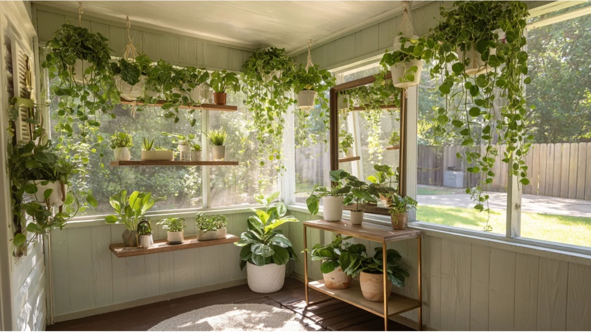 small screened porch with hanging plants from ceiling floating wall shelves light colored walls and a mirror reflecting natural light keeping floor space clear (1)