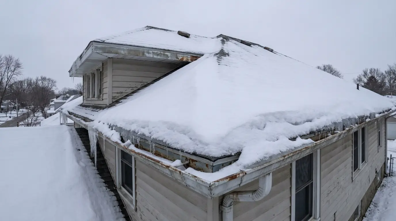 Snow-covered house roof with icicles and weathered siding in a suburban neighborhood setting