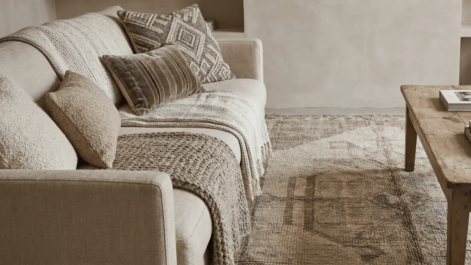 Sofa with patterned cushions and textured rug showing varied pattern sizes and materials