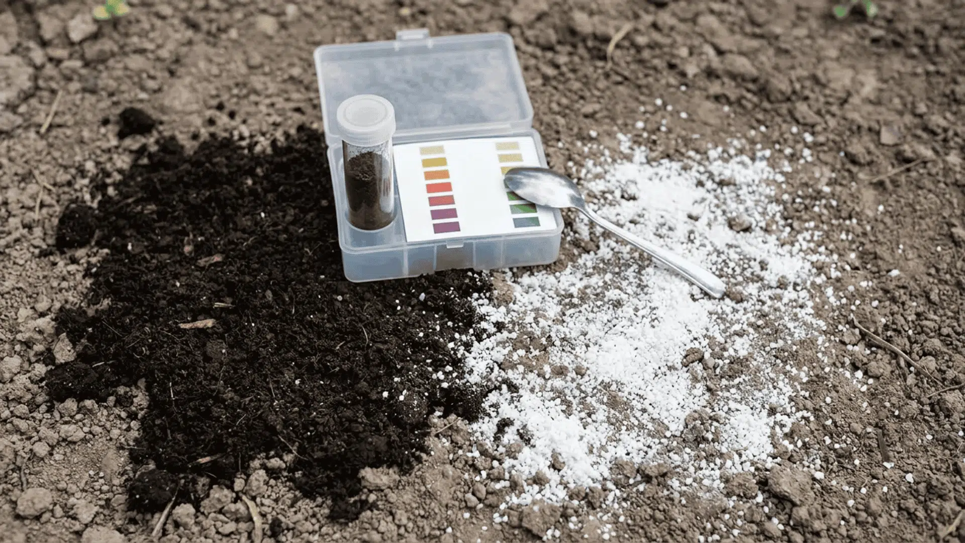 Soil test kit with soil sample and compost or lime applied on ground for lawn preparation