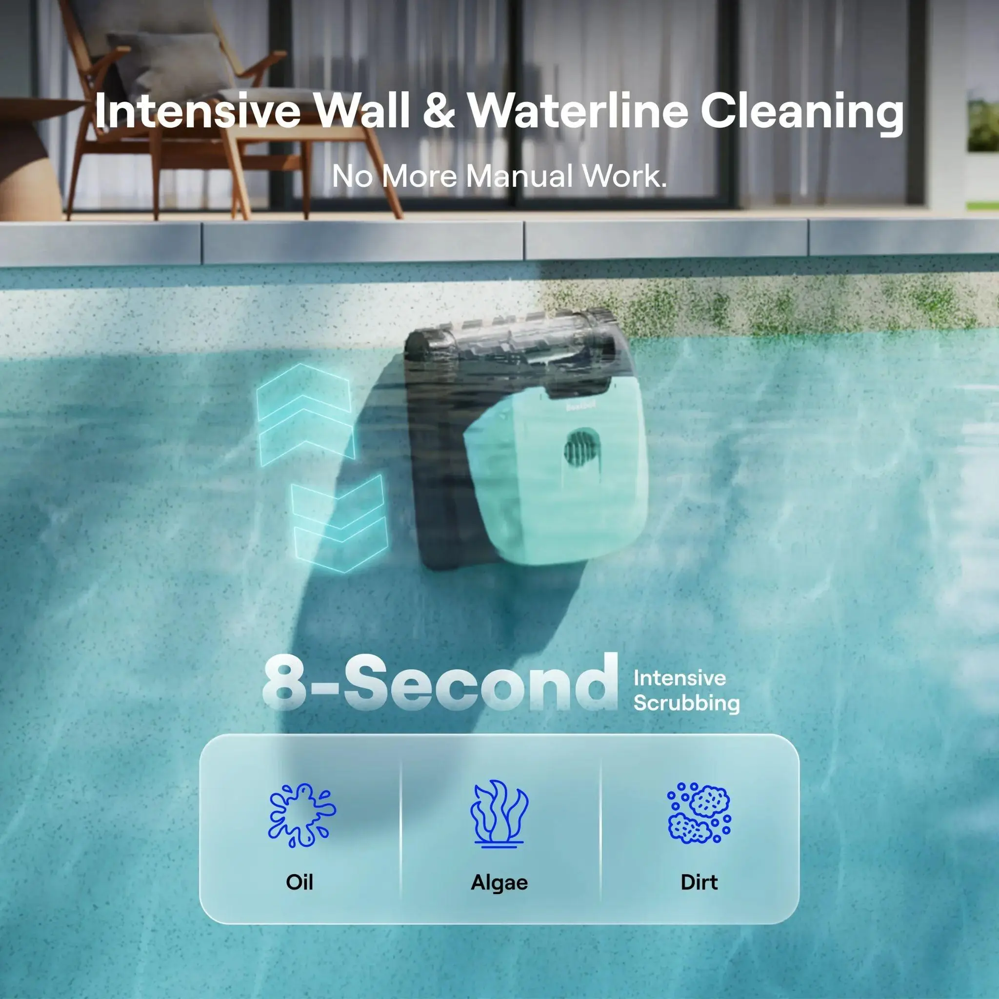 Robotic pool cleaner scrubbing underwater wall in a sunny backyard setting