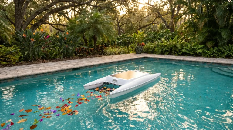 Pool cleaning robot collecting colorful leaves in outdoor swimming pool surrounded by lush greenery