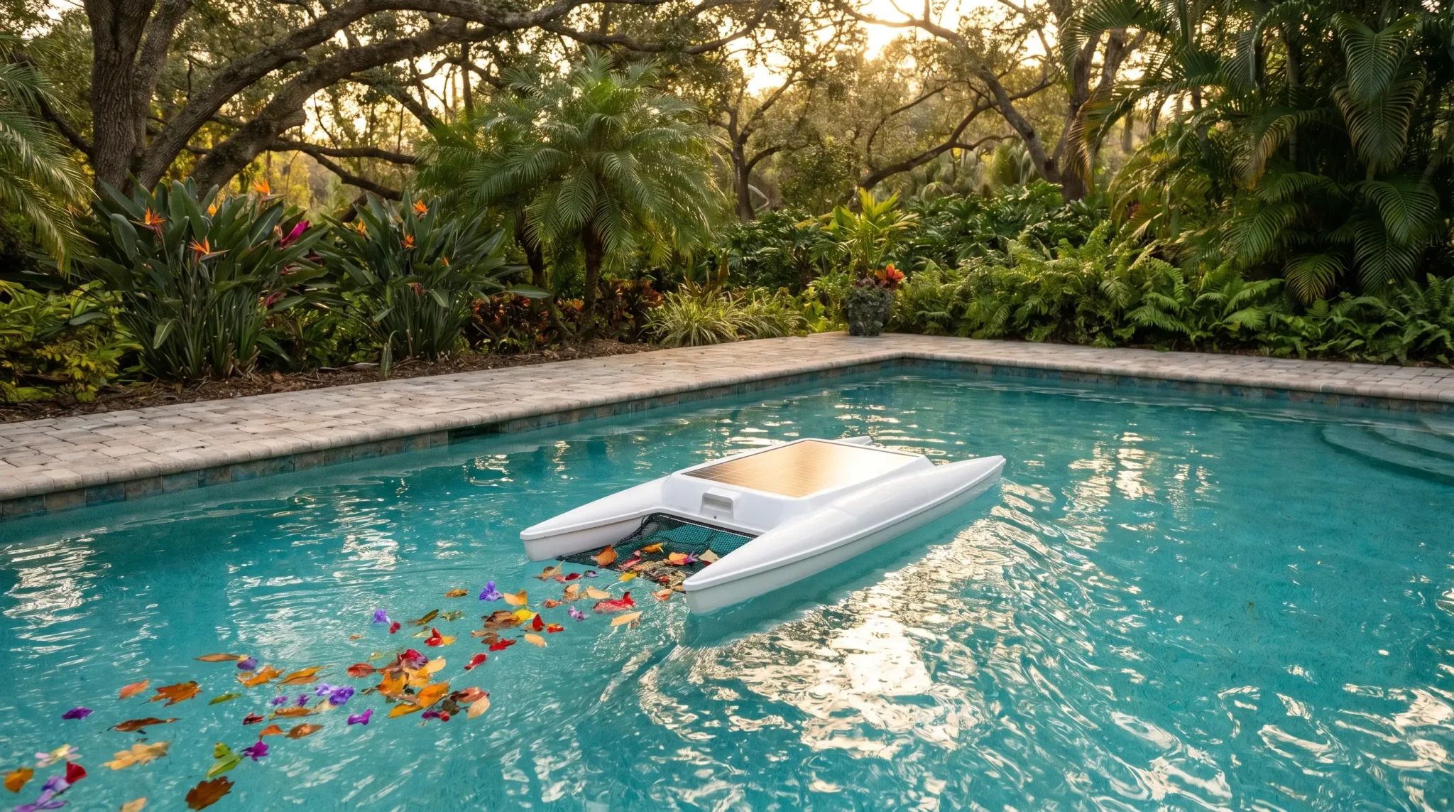 Pool cleaning robot collecting colorful leaves in outdoor swimming pool surrounded by lush greenery