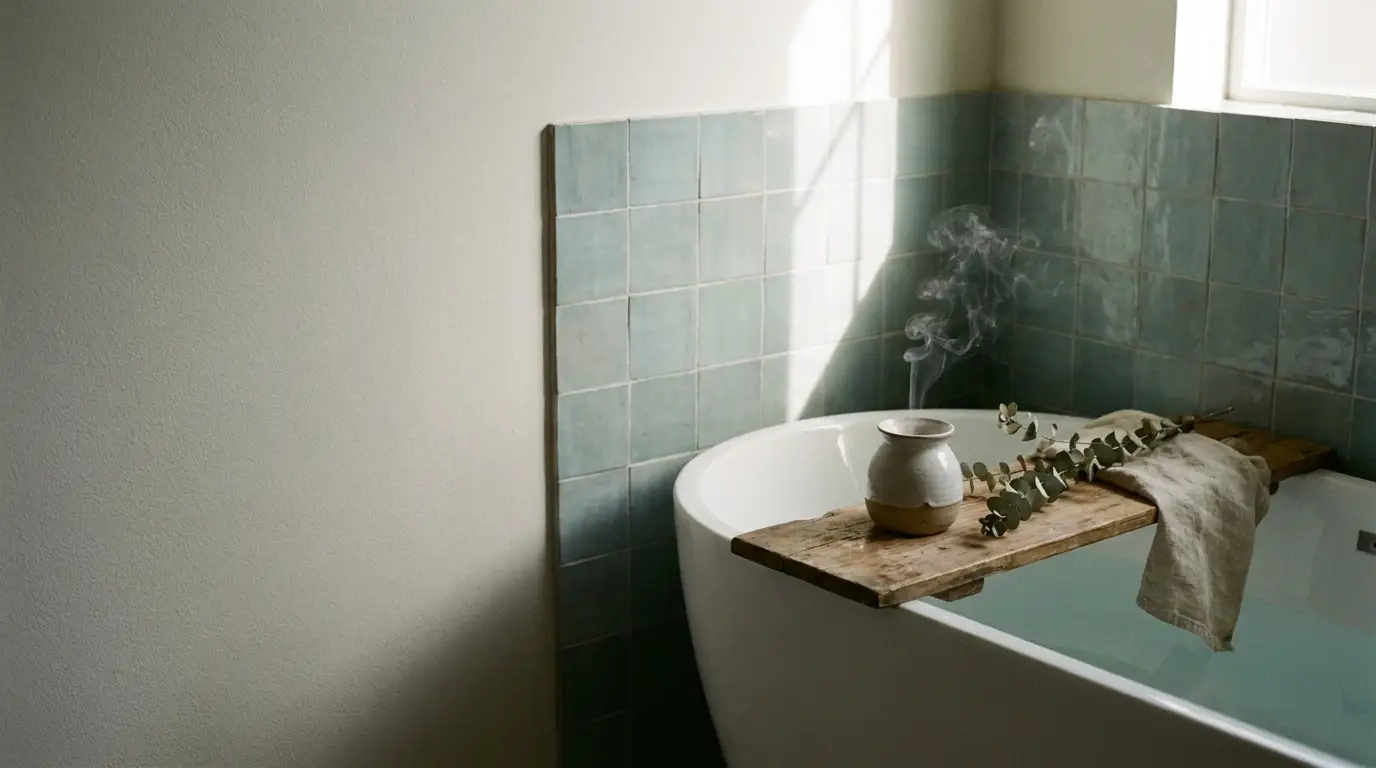 Ceramic vase and eucalyptus on wooden plank over filled bathtub in tiled bathroom