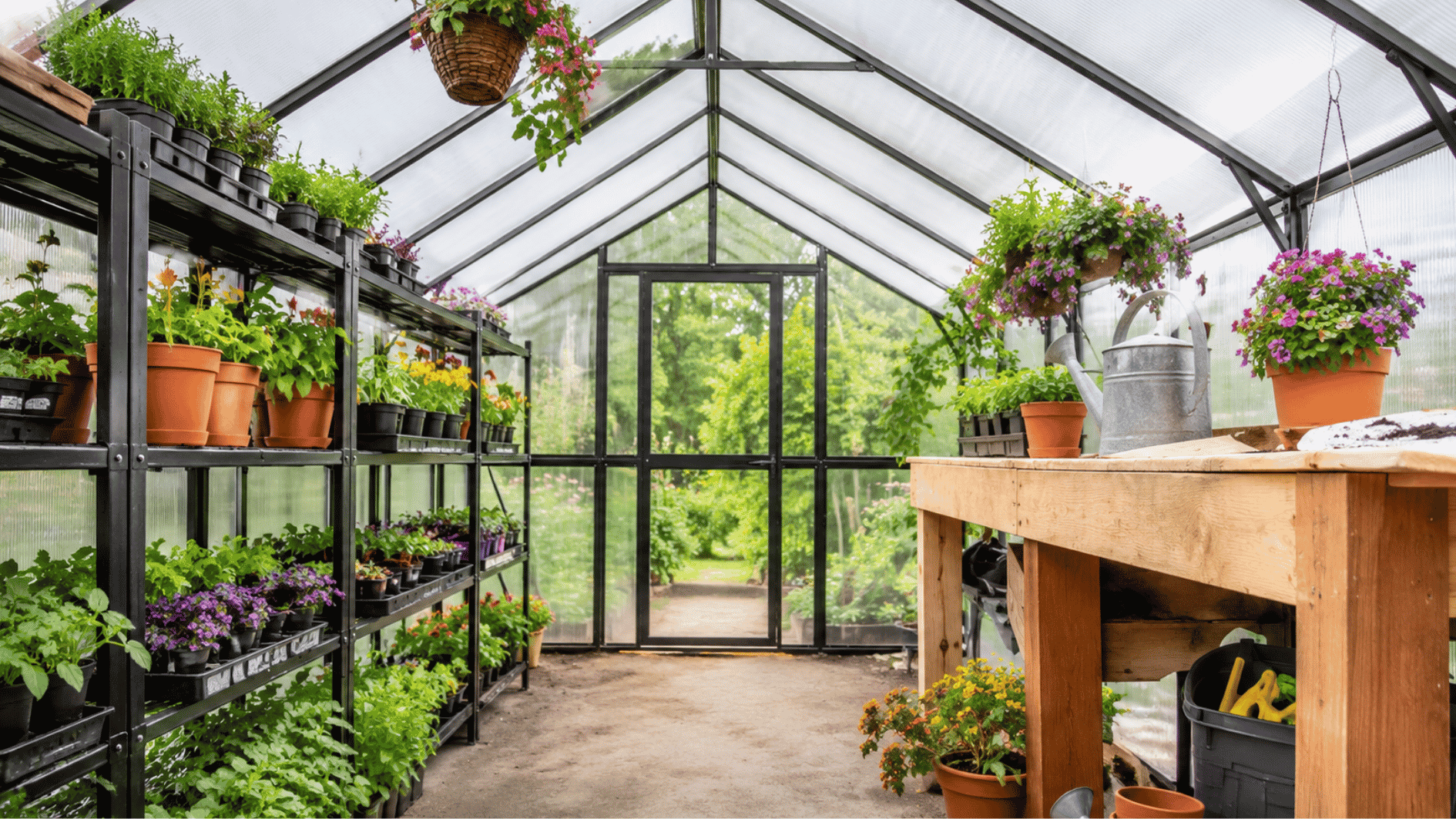Spacious DIY greenhouse interior with organized plant shelves, gardening bench, and healthy plants growing under natural sunlight.