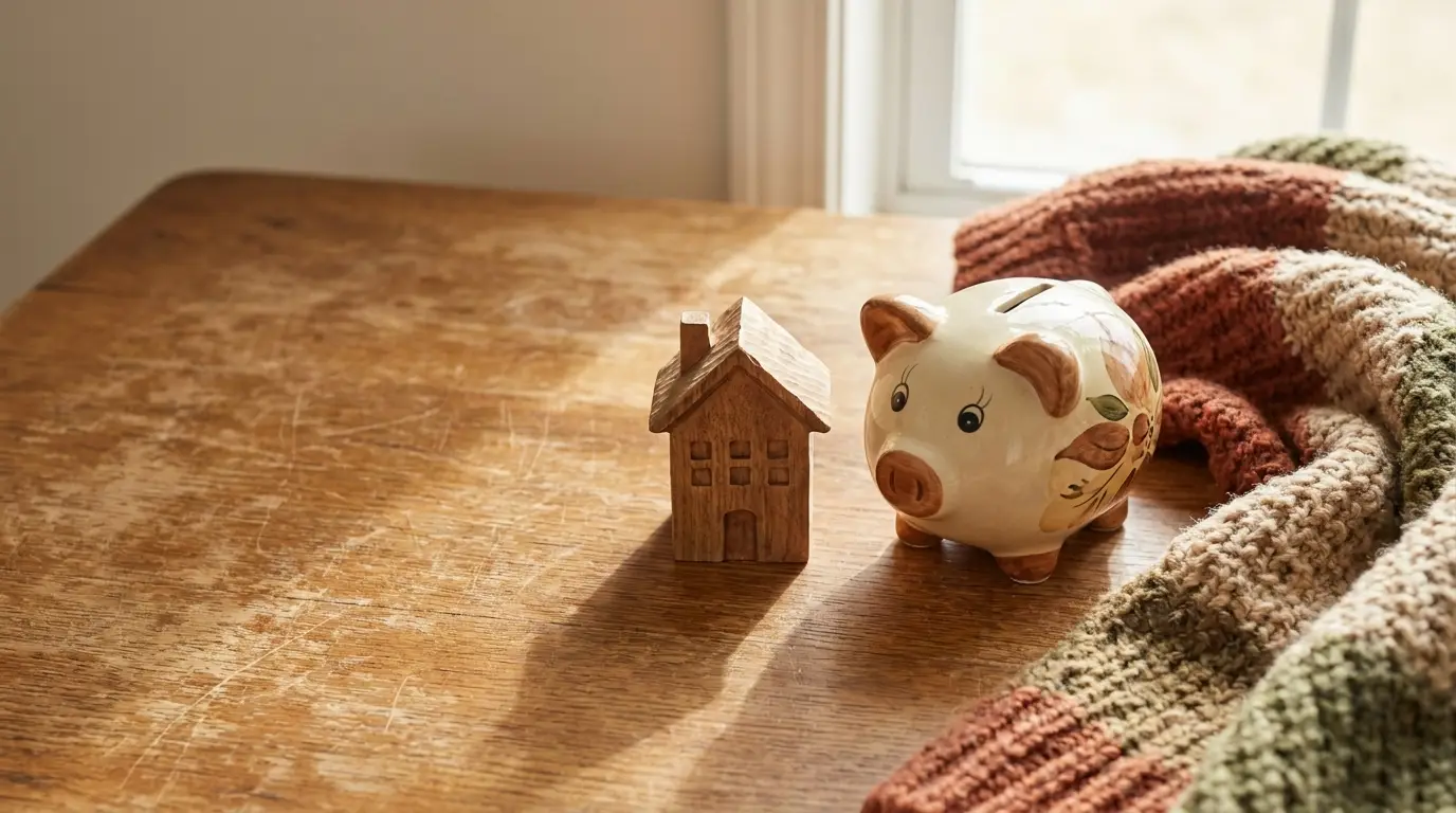Wooden house and ceramic piggy bank on sunlit wooden table with knit blanket