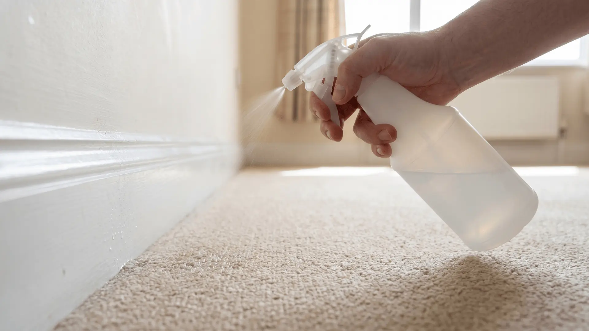 Spray being applied along carpet edge and baseboard near floor