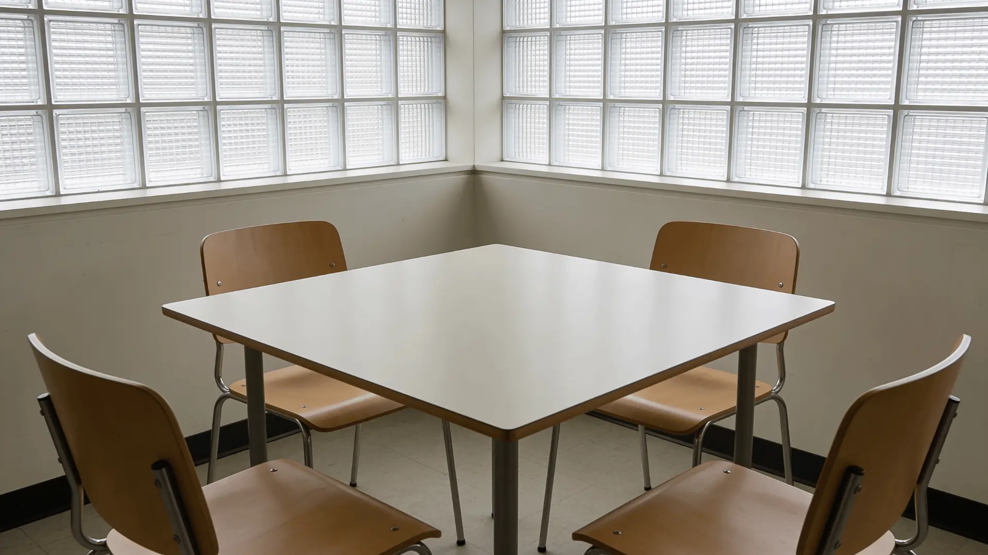 Square table with four chairs arranged evenly in a balanced room layout