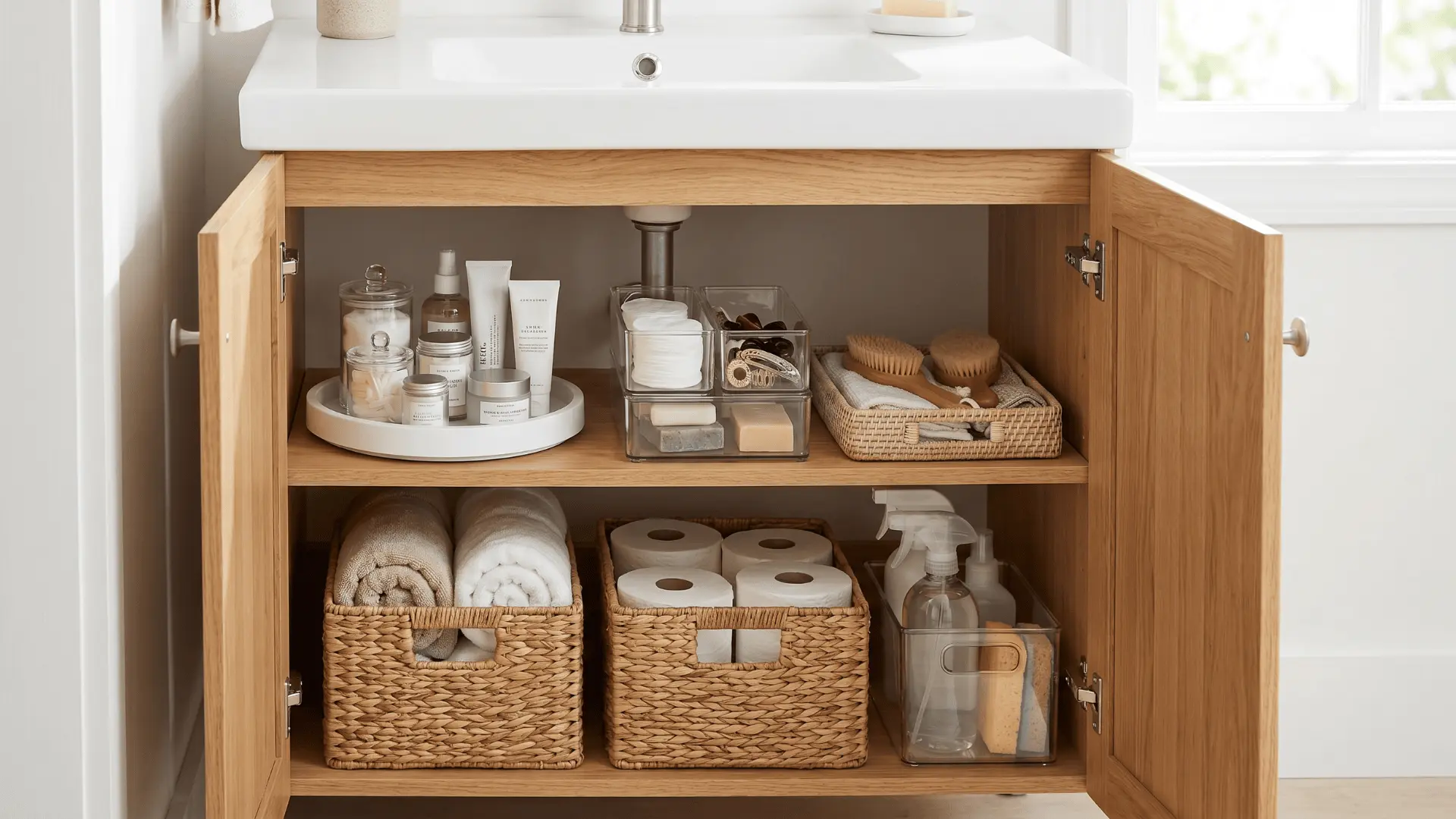 Stacked bins in cabinet maximizing vertical storage