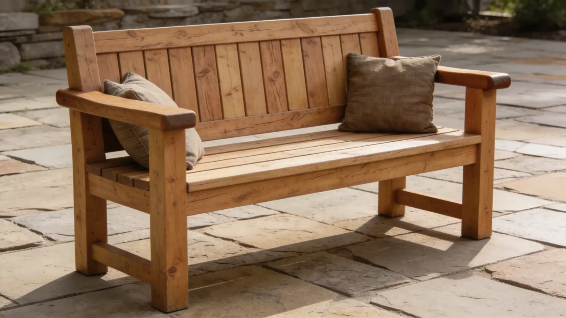 Sturdy wooden outdoor bench with backrest and armrests, shown with optional seat cushions.
