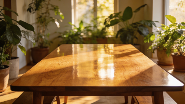 sunlit polished wooden table surrounded by indoor plants in cozy room