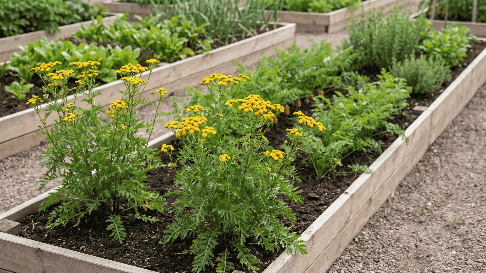 Tansy plants with green leaves and small yellow flowers growing in garden beds and borders near vegetables