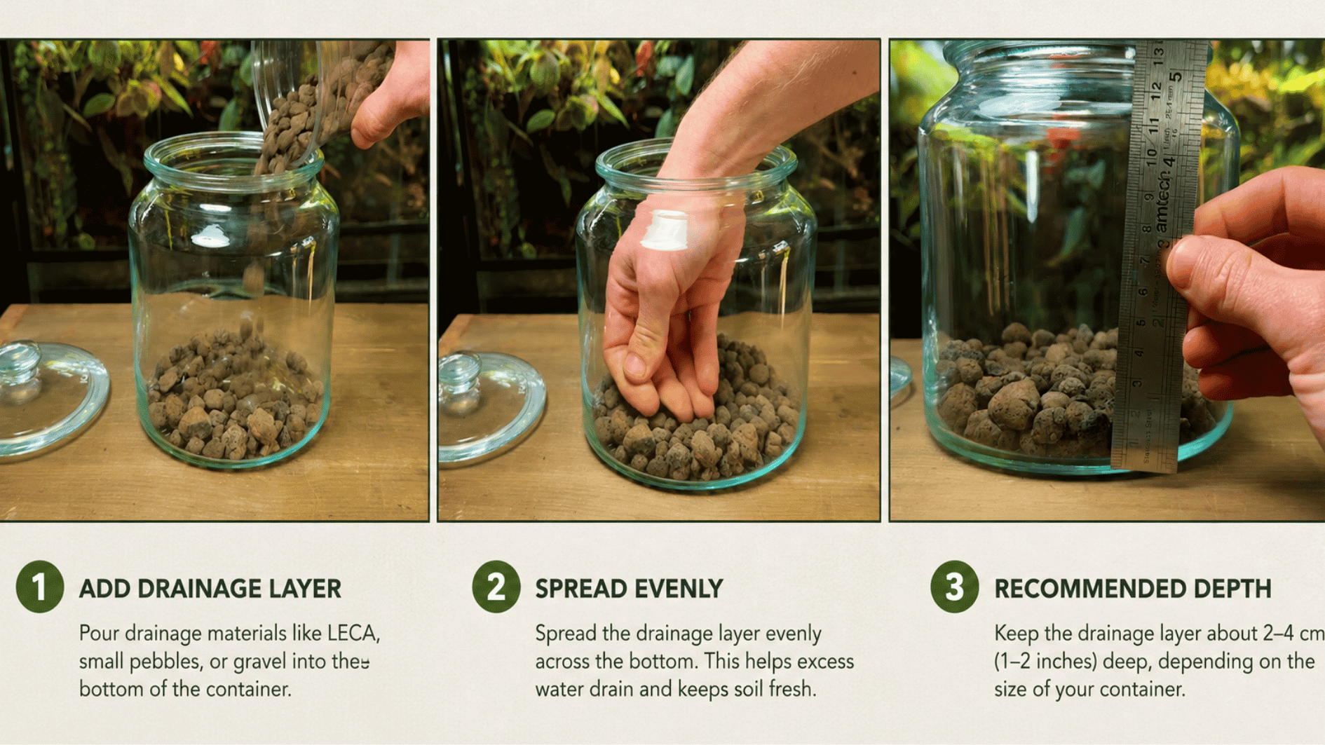 tep-by-step drainage layer setup for a terrarium showing pebbles being added, spread evenly, and measured inside a glass container